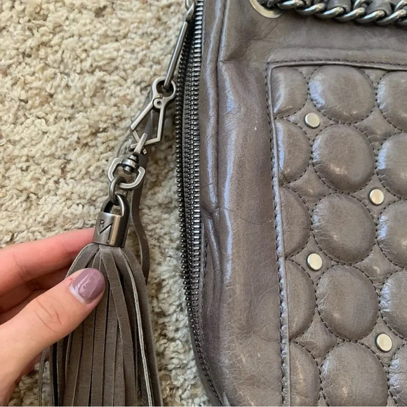 Rebecca Minkoff Grey/Taupe Leather Metal Chain Strap Tassel Detail Small Bag - Picture 3 of 11